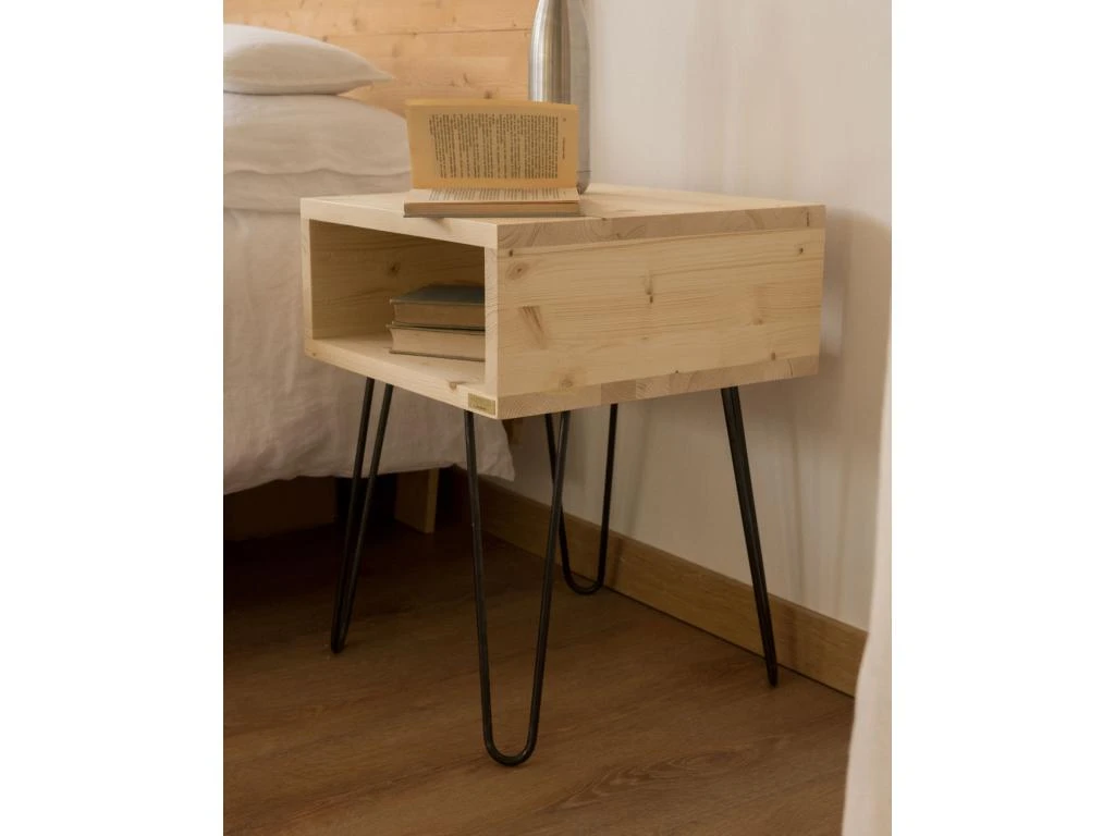 Table De Chevet En Bois D'épicéa Massif Et Fer Forgé En Couleur Blanc – Image 6