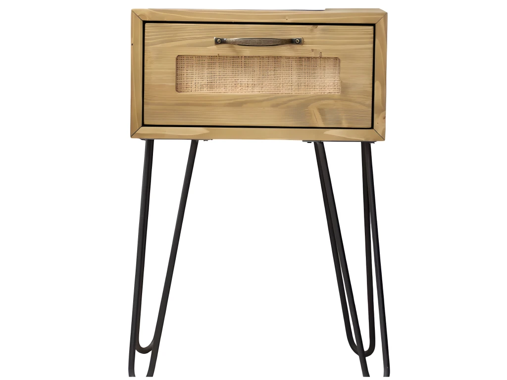 Table De Chevet En Bois De Sapin Et Raphia En Couleur Marron