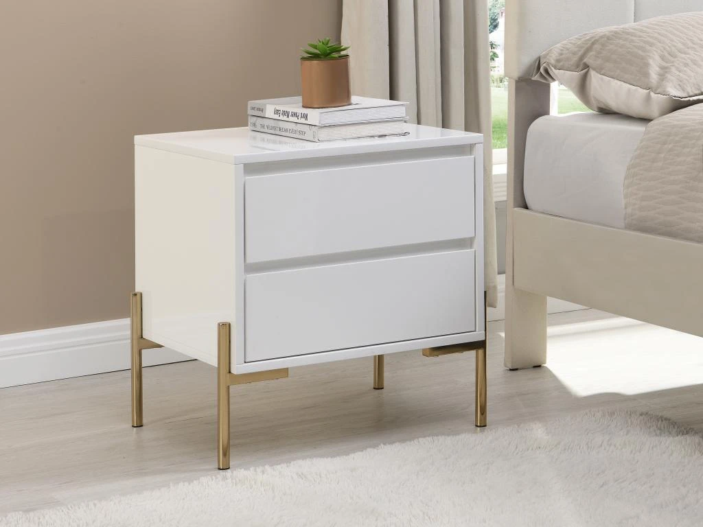 Table De Chevet 2 Tiroirs - MDF Et Métal - Blanc Laqué Et Doré - KORASA De Pascal Morabito