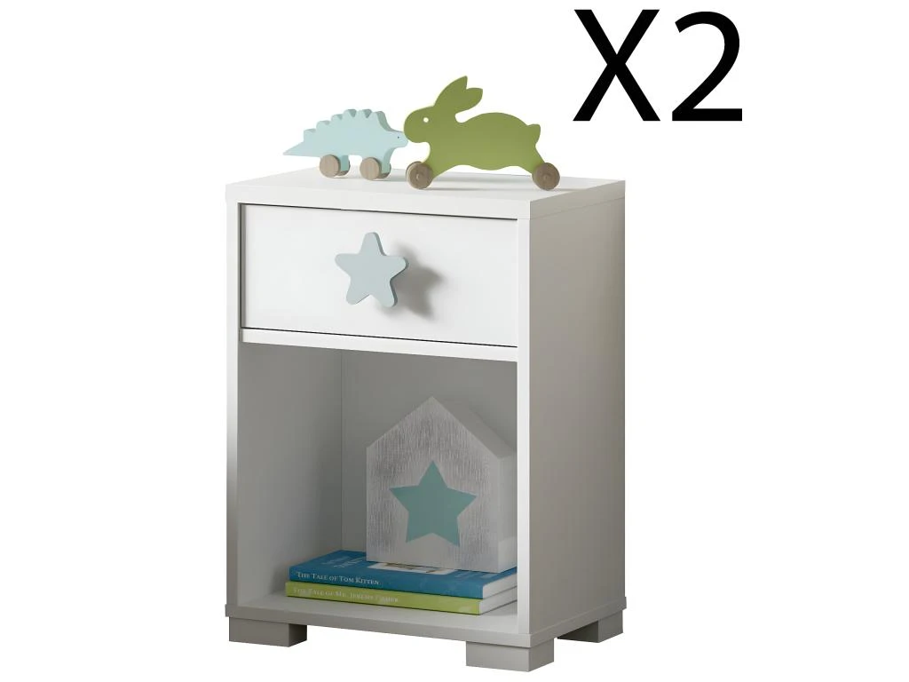 Lot De 2 Tables De Chevet Enfant / Table De Nuit Coloris Blanc - Hauteur 56 X Longueur 40 X Profondeur 33 Cm