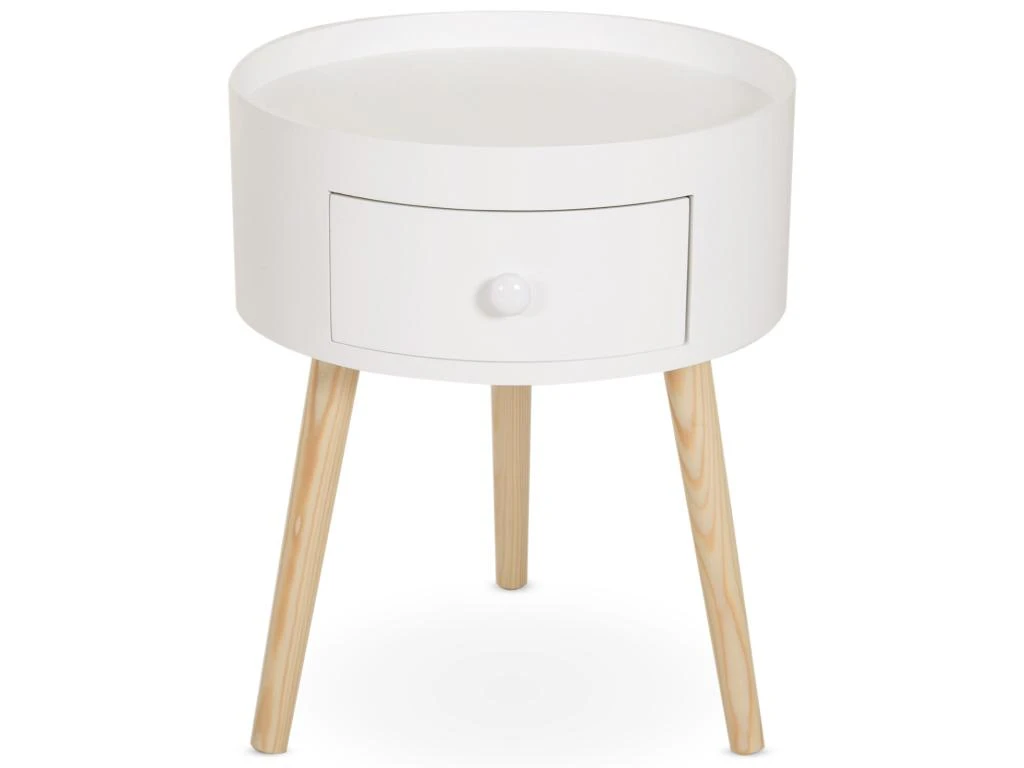Chevet Table De Nuit Ronde Design Scandinave Tiroir Bicolore Pieds Effilés Inclinés Bois Massif Chêne Clair Blanc – Image 2