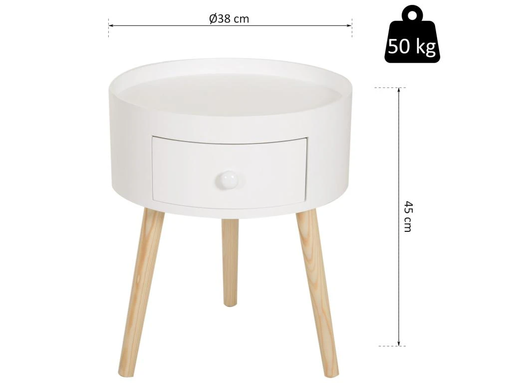 Chevet Table De Nuit Ronde Design Scandinave Tiroir Bicolore Pieds Effilés Inclinés Bois Massif Chêne Clair Blanc – Image 3