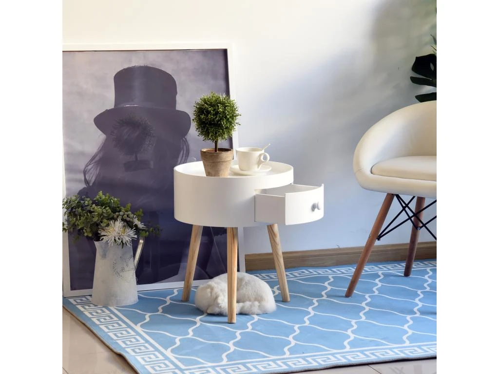 Chevet Table De Nuit Ronde Design Scandinave Tiroir Bicolore Pieds Effilés Inclinés Bois Massif Chêne Clair Blanc – Image 5