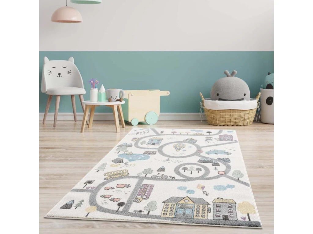 Tapis De Jeu Pour Chambre D'enfant Blanc Motif Route De L'école 140x200cm – Image 2