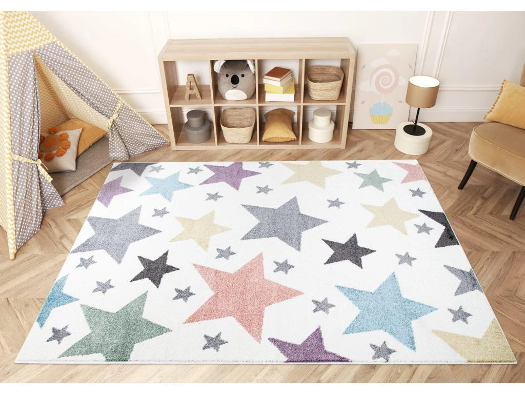 Tapis Pour Chambre D'enfant Blanc Etoiles Multicolores 140x200cm – Image 3