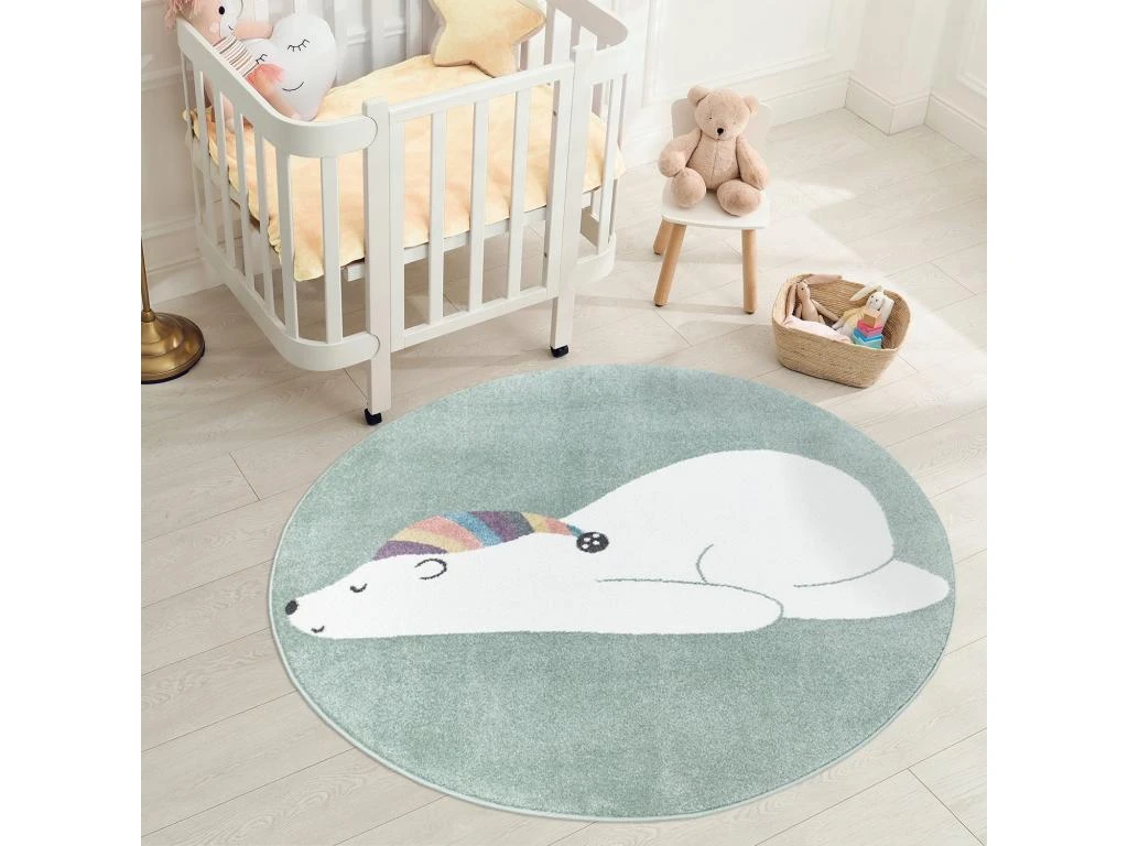 Tapis Rond Pour Chambre D'enfant Vert Motif Ours Blanc 160x160cm – Image 2
