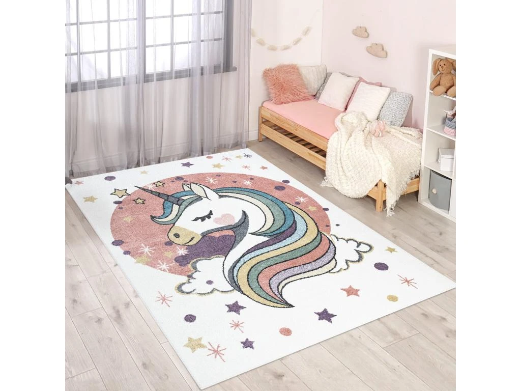 Tapis Pour Chambre D'enfant Blanc Motif Licorne Multicolore 140x200cm – Image 2